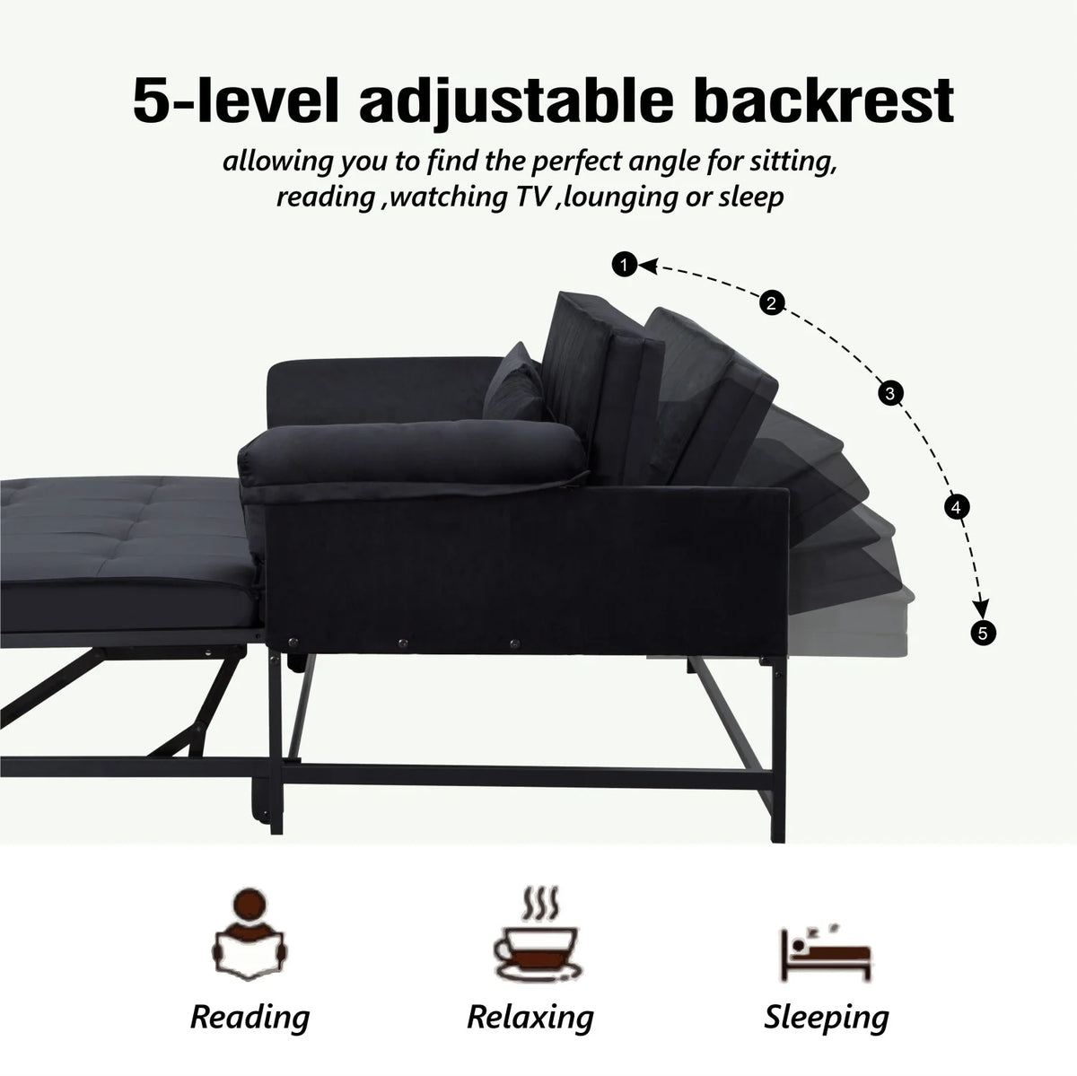 Gewnee 46" Velvet Sleeper Sofa Reclining Convertible Futon Couch Bed for Living Room, Guest & Small Spaces(Black)