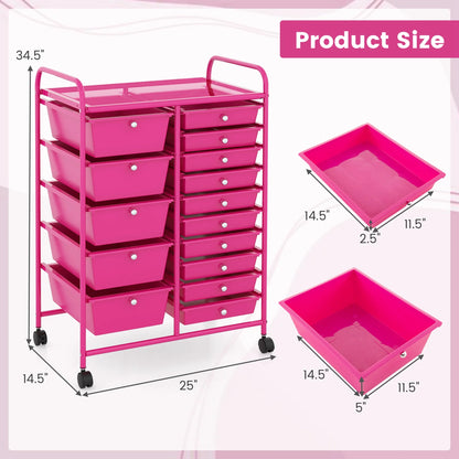 Costway 15 Drawer Rolling Storage Cart Tools Scrapbook Paper Office School Organizer White
