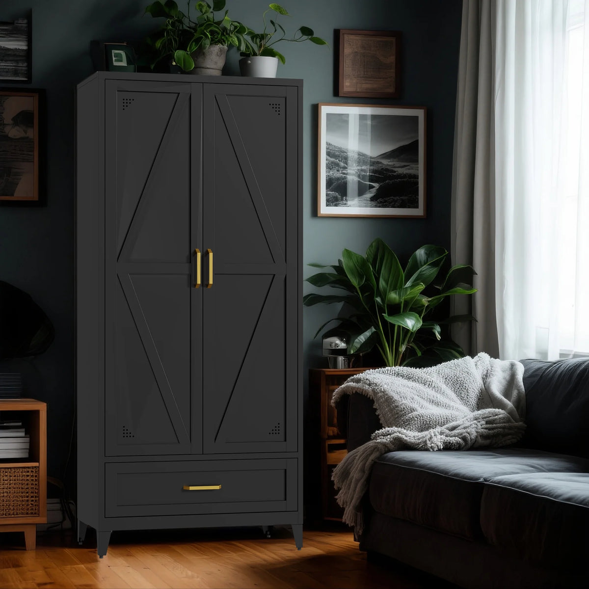 71" H Modern Freestanding Storage Cabinet With Gold Handles One Drawer And Adjustable Ceiling Height Multi-Functional Suitable For Kitchen Office Living Room And Bedroom Pantry Blue