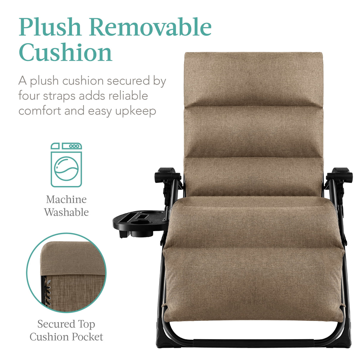 Best Choice Products Oversized Zero Gravity Chair, Folding Recliner w/ Removable Cushion, Side Tray - Fossil Gray