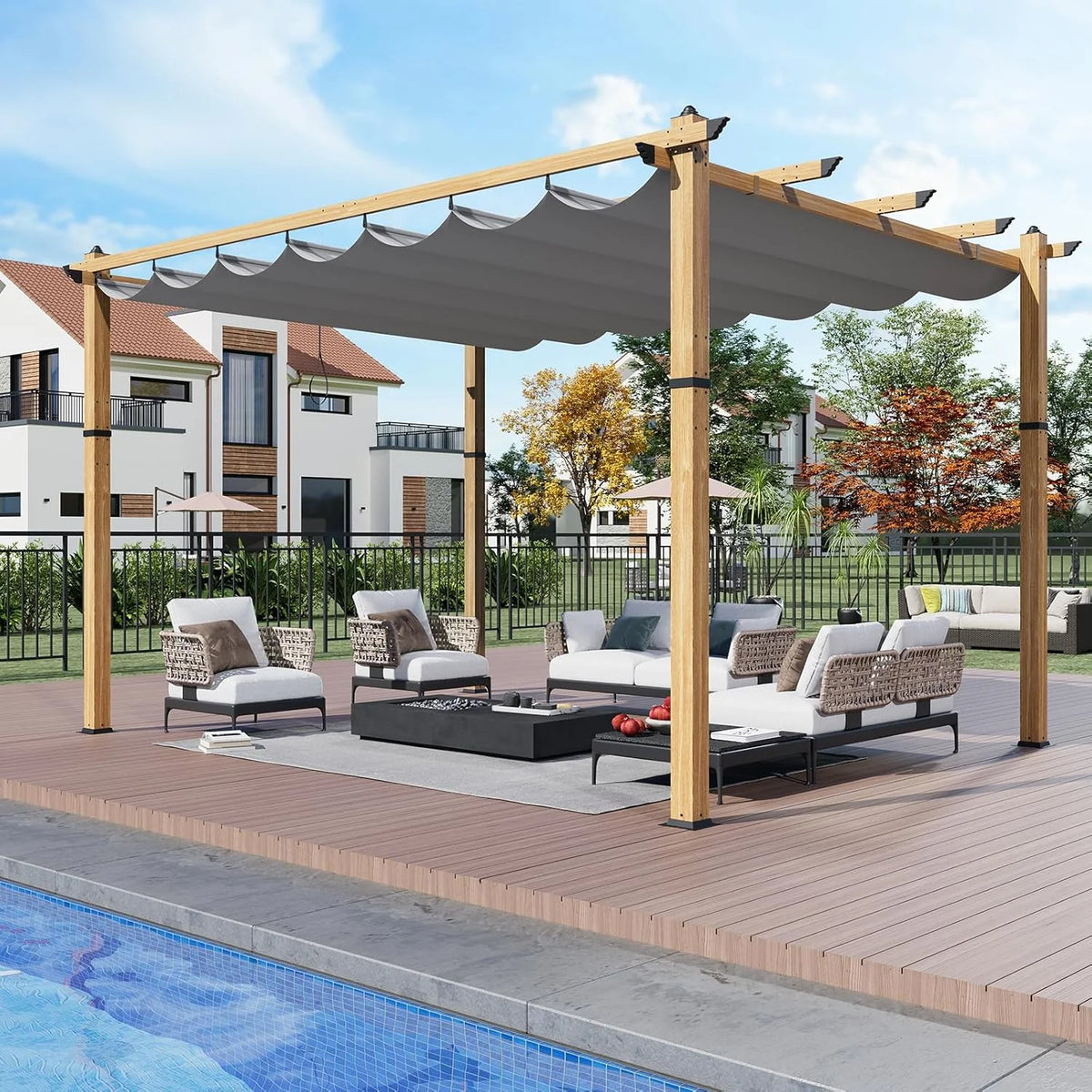 Outdoor Aluminum Pergola with Retractable Canopy, Reinforced 4-Sided Base, Waterproof & UV-Resistant Adjustable Roof, Modern Design for Patio, Deck, Backyard, and Garden