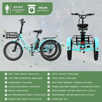 ABORON 3.0 Fat Tire Electric Trike for Senior Foldable E-Bike, 500W Motorized Tricycle Adult 20" Folding 3 Wheel Electric Commute Bike Trike w/48V Battery and Storage Baskets,