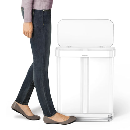 simplehuman 58 Liter / 15.3 Gallon Rectangular Dual Compartment Recycling Step, Brushed Stainless Steel with Soft-Close Plastic Lid Kitchen Trash Can