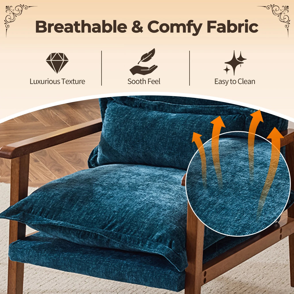 Ktaxon Chenille Accent Chair, Solid Wood Armrests Armchair, Metal Frame for Stability, Single Sofa with Comfortable Cushions and Lumbar Pillow Beige