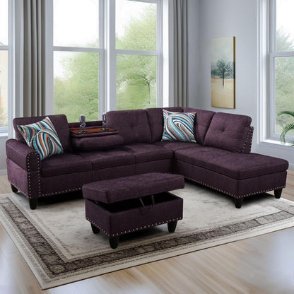 Aukfa 3 Piece Sectional Sofa, Living Room Couch with Storage Ottoman&Cup Holder, Linen, Right Hand, Purple