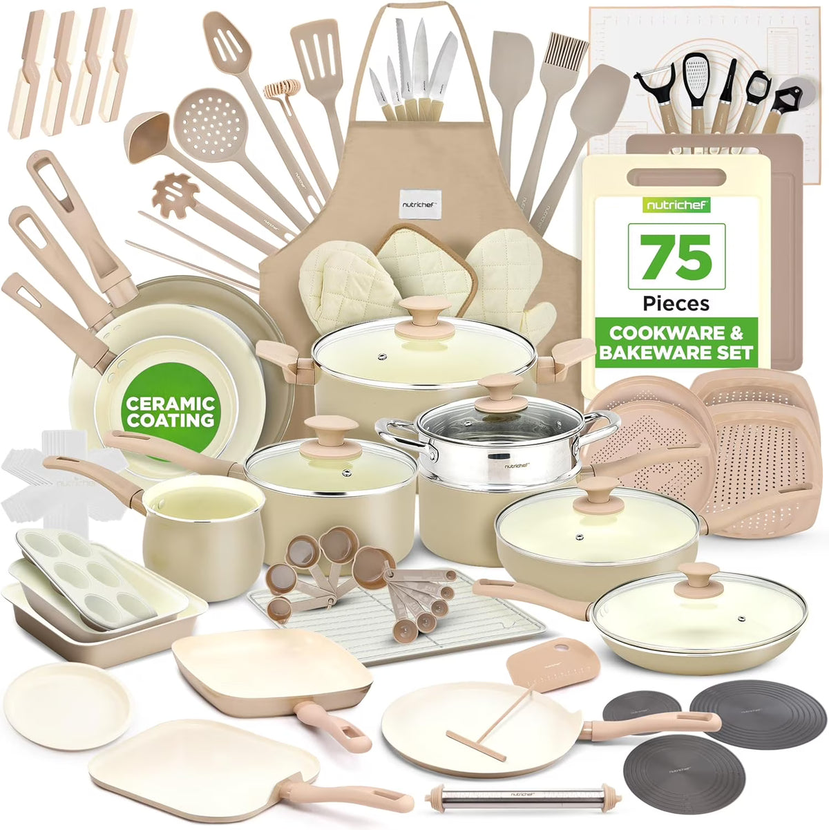 54-Piece Kitchen Cookware Set �C Complete Non-Stick Ceramic Pots and Pans Set with Utensils, Bakeware, and Knife Set, Gas, Electric & Induction Compatible, Blush Pink Kitchen Essentials