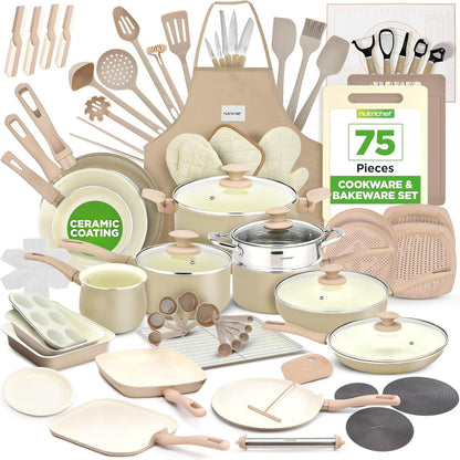 54-Piece Kitchen Cookware Set �C Complete Non-Stick Ceramic Pots and Pans Set with Utensils, Bakeware, and Knife Set, Gas, Electric & Induction Compatible, Blush Pink Kitchen Essentials