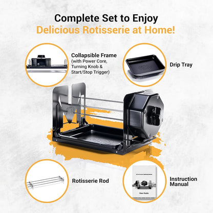 ROTO-Q 360 Cordless Stainless Steel Rotisserie Kit - Non-Electric for Grills, Ovens, BBQ, Smokers - Indoor/Outdoor