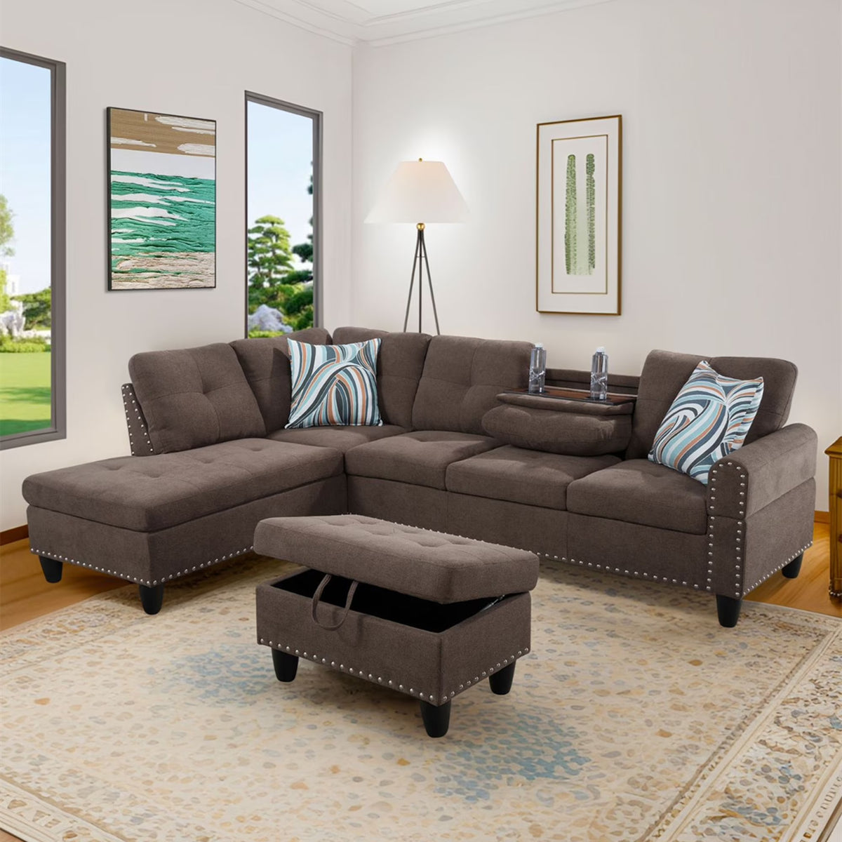 Aukfa 3 Piece Sectional Sofa, Living Room Couch with Storage Ottoman&Cup Holder, Linen, Right Hand, Purple
