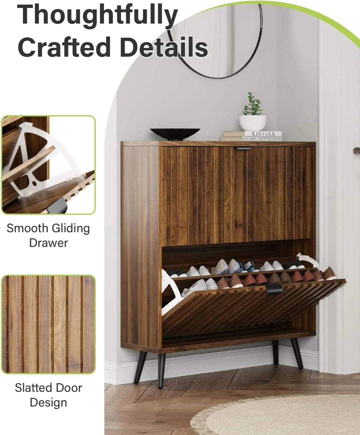 Smart FENDEE Shoe Cabinet with 2 Flip Drawers Freestanding 24 Pair Shoe Storage Cabinet for Entryway