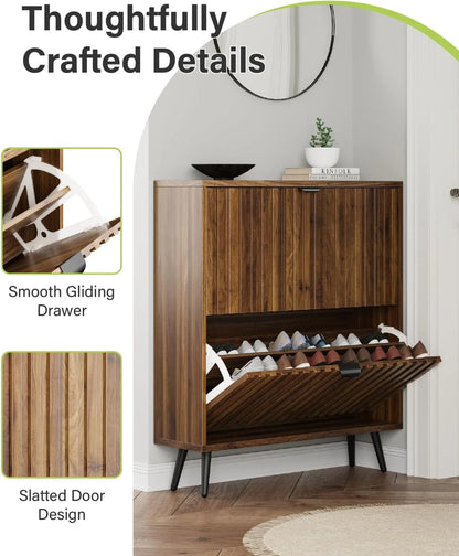 Smart FENDEE Shoe Cabinet with 2 Flip Drawers Freestanding 24 Pair Shoe Storage Cabinet for Entryway