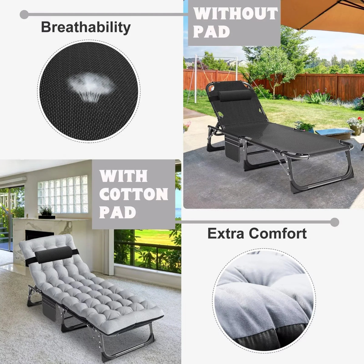 MOPHOTO Lounge Chair with Mattress, Outdoor Chaise Lounge Support 440 Lbs, Adjustable Portable Heavy Duty Sleeping Cots Bed for Camping, Pool, Beach, Patio