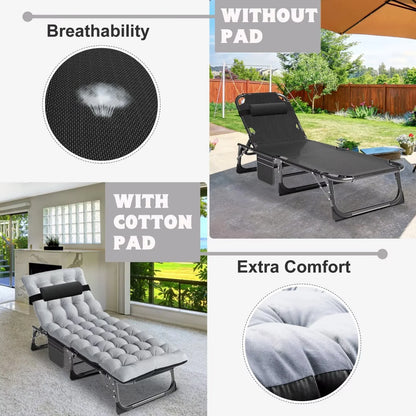 MOPHOTO Lounge Chair with Mattress, Outdoor Chaise Lounge Support 440 Lbs, Adjustable Portable Heavy Duty Sleeping Cots Bed for Camping, Pool, Beach, Patio