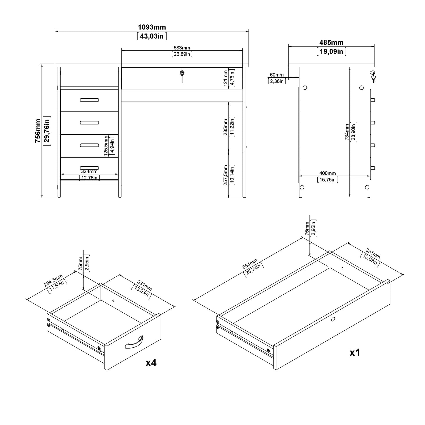 Tvilum Walden 5 Drawer Office Desk with 1 Locking Drawer for Adults, White