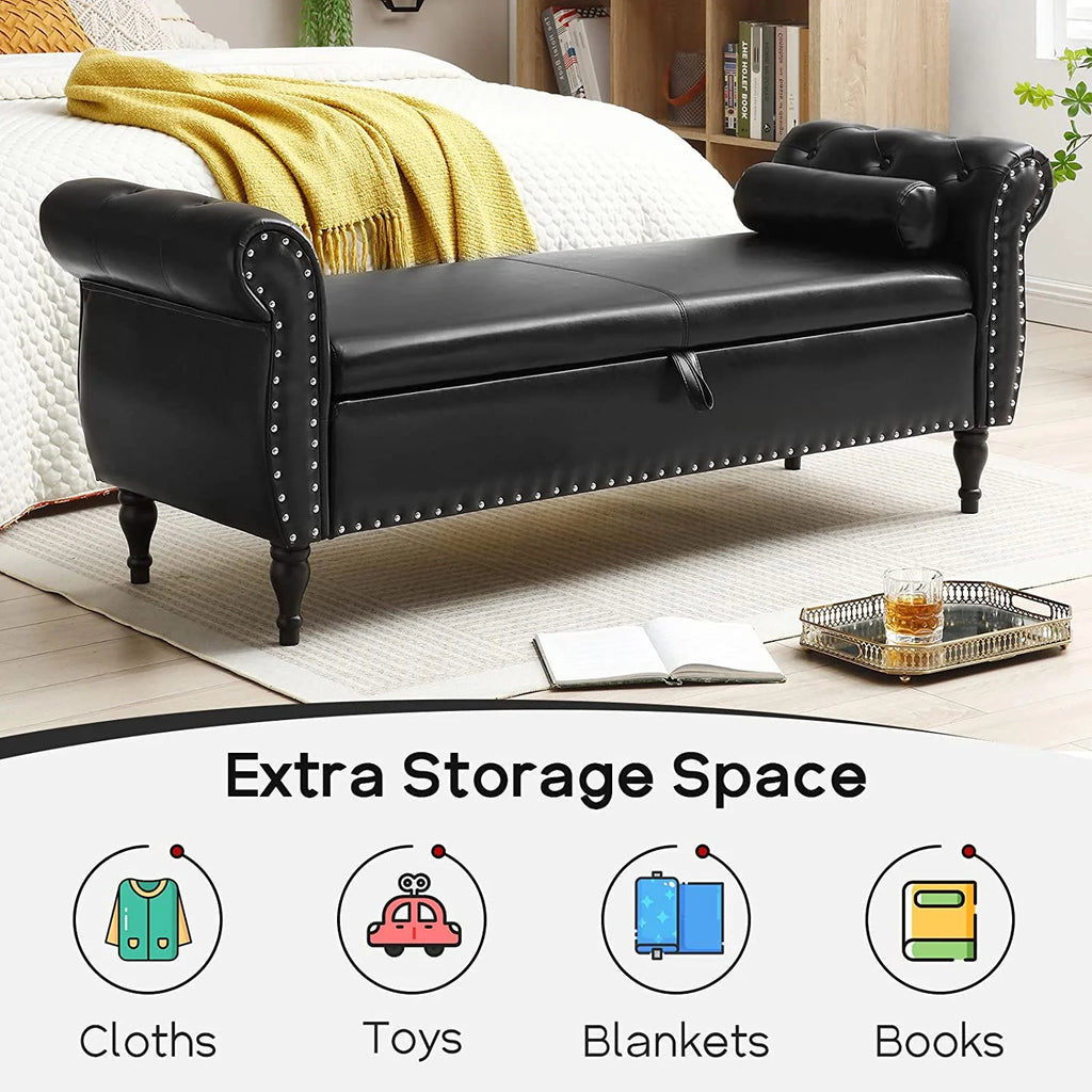 Sumdeal 43.5" Storage Ottoman Bench with 250lb Seating, Linen Upholstered Wood Legs Safety Hinge Flip Top Oval Foot Rest Long Stool for Sofa Couch Bedroom End of Bed Living Room Entryway, White