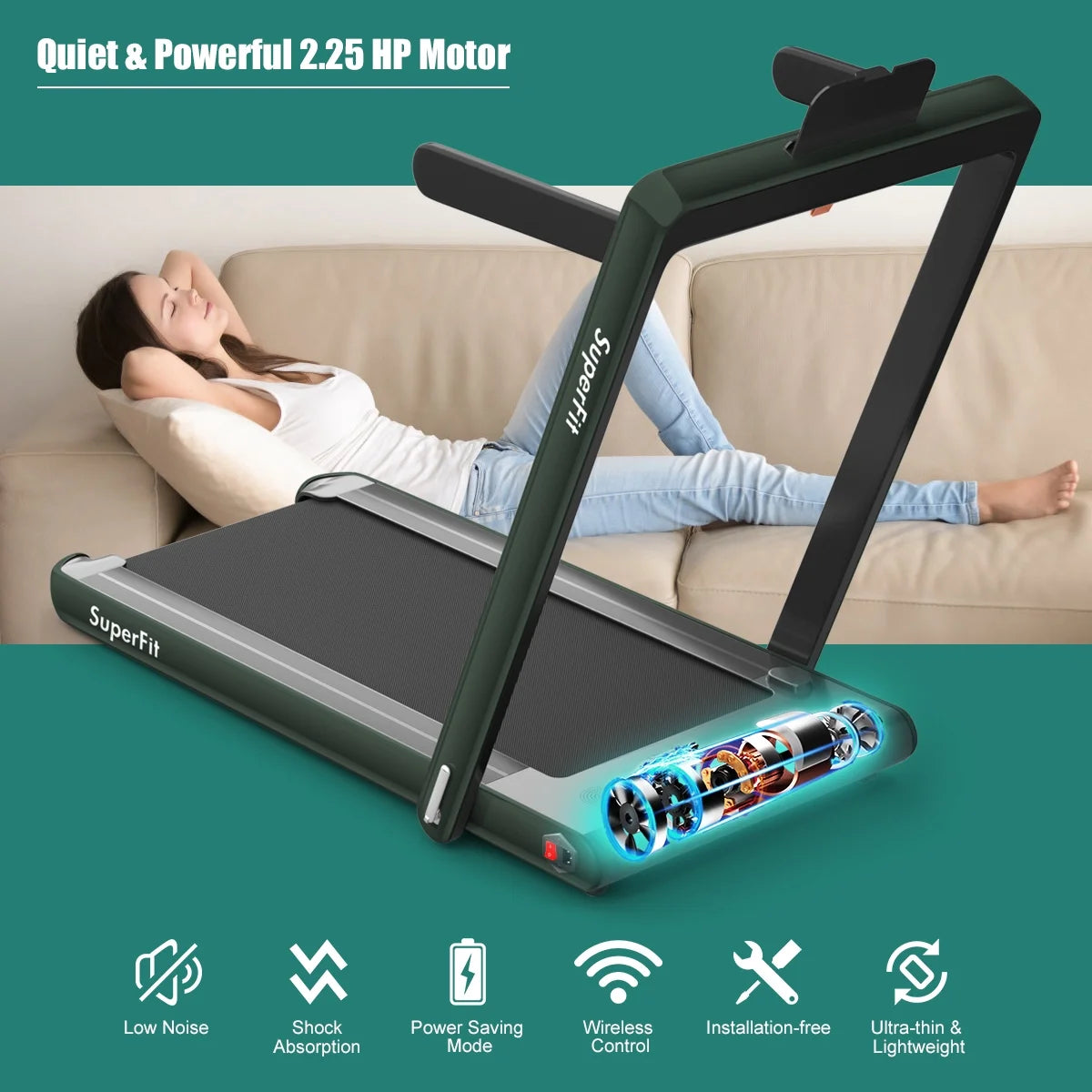 Gymax 2 in 1 Folding Treadmill 2.25HP Running Machine w/ Dual Display APP Control Black