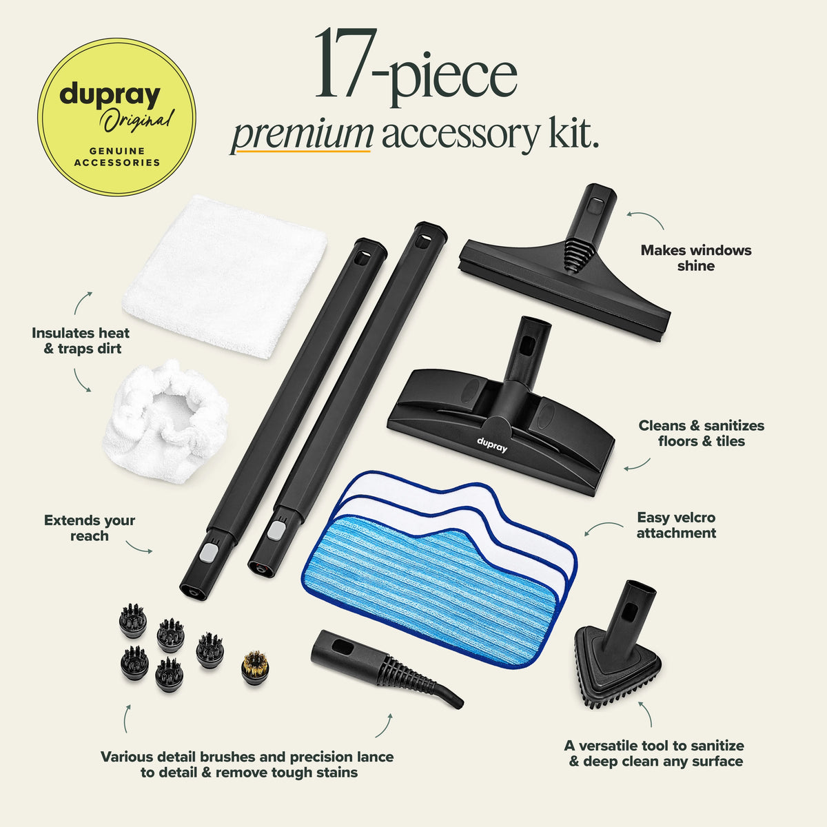 Dupray Neat Steam Cleaner 17-Piece Kit �?Our bestselling multipurpose steam cleaner with all the tools to clean, detail, sanitize*, deodorize floors, grout, bathrooms, kitchens and more. 1500w