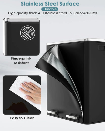 Arlopu 60 L/16 gal Dual Trash Can, Stainless Steel Garbage Can for Kitchen, Recycle Bin with Lid