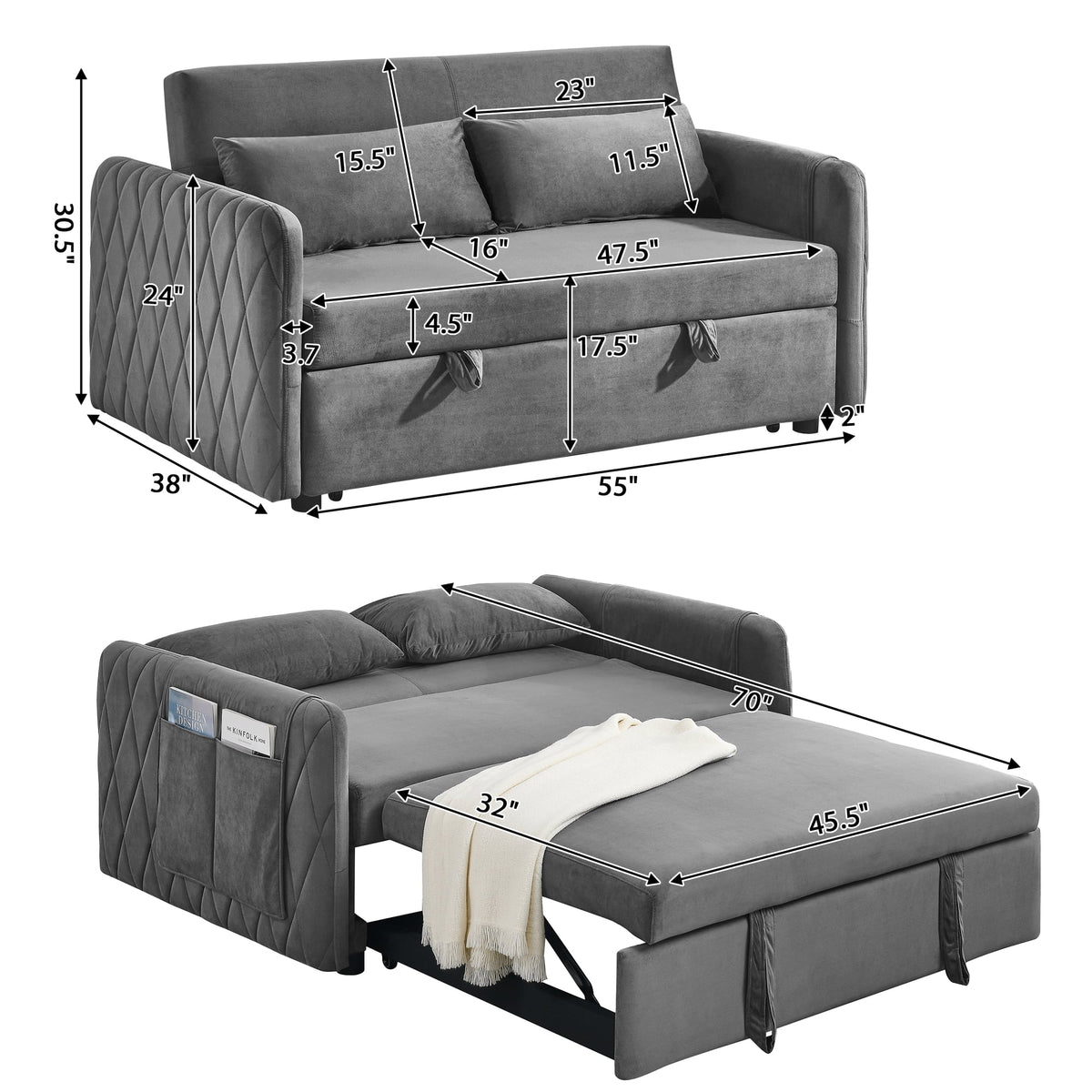 Convertible Sofa Bed,3 in 1 Sleeper Sofa with 2 Pillows and Adjustable Backrest for Living Room Office,Black