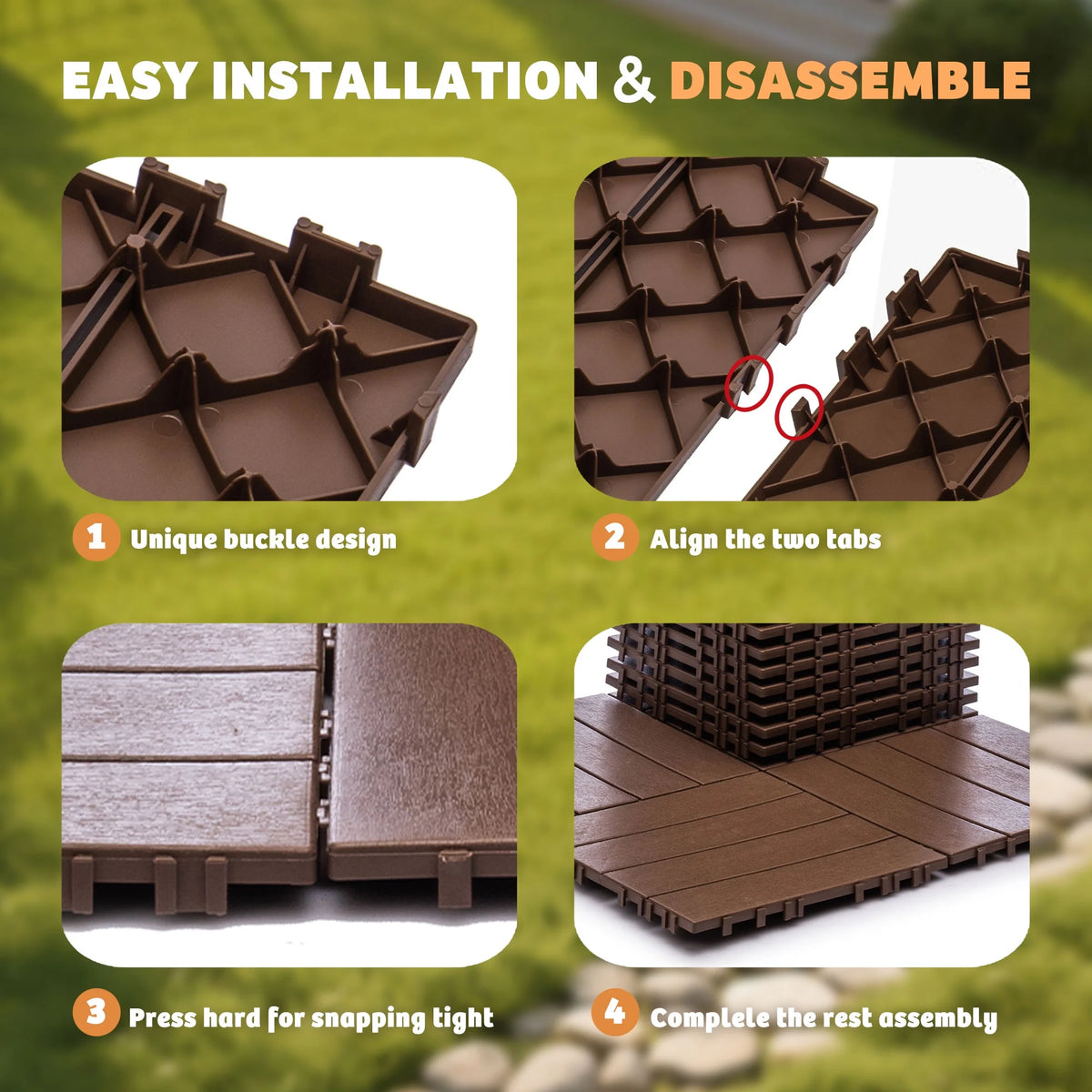 76 Pack Interlocking Deck Tiles, 11.42"x11.42", Polypropylene, Waterproof Outdoor Flooring, 3D Wood Grain Plastic, for Patio, Balcony, Backyard