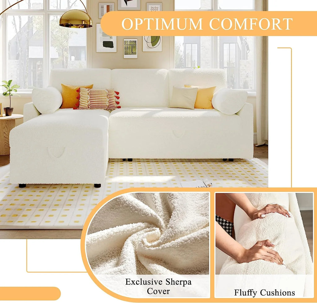 VANACC Sofa Bed, Convertible Sleeper Sofa-2 in 1 Pull Out Couch Bed, L Shape Sofa with Storage Chaise, White Boucle Couch for Indoor