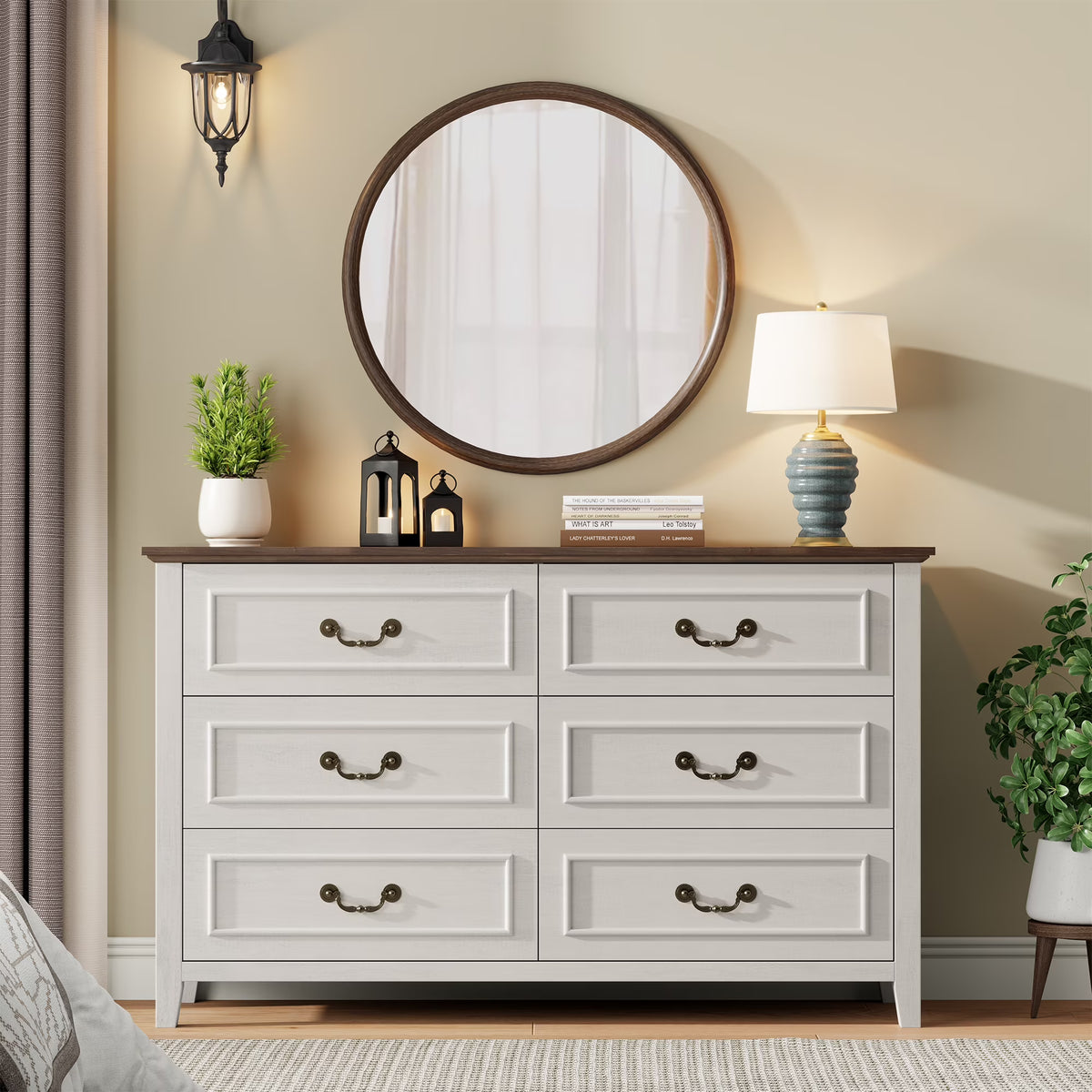 LainTene Dresser for Bedroom, Farmhouse White Dresser with Antique Handles, Vintage 6 Drawers Dresser, Chest of Drawers Storage Cabinet for Living Room, Entryway
