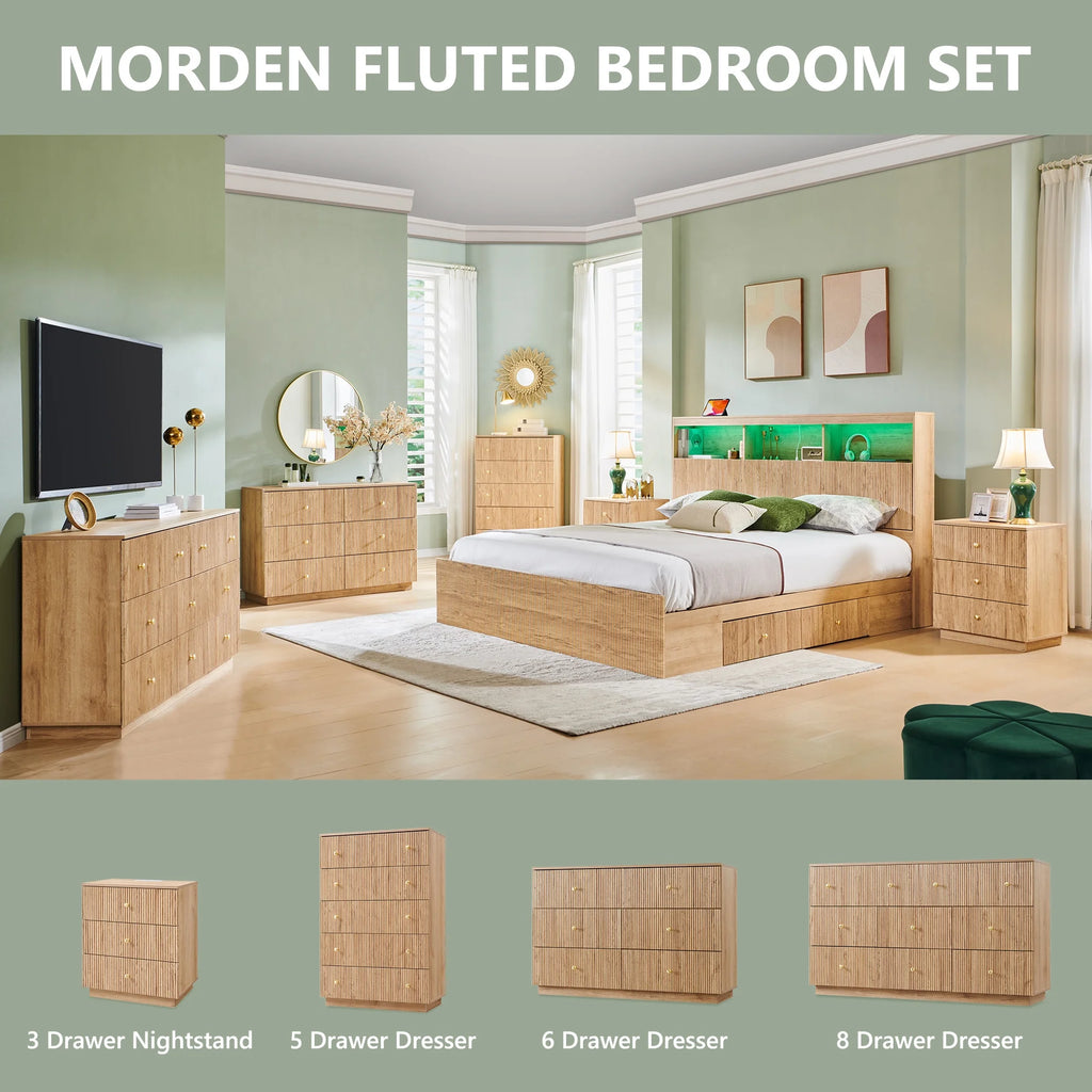 wow97e Fluted 6 Drawers Dresser, Wood 47" Tall Chest of Drawers with Deep Storage, Modern Bedroom Chest for Closet Hallway, Entryway, Living Room