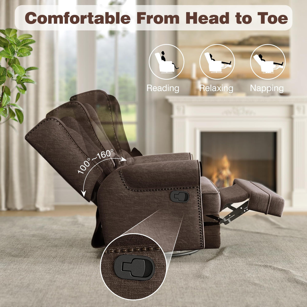 Royalcraft Swivel Nursery Glider Recliner, Comfy Upholstered Glider Chair with Lumbar Pillow and Footrest, Beige