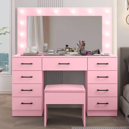Ktaxon Large Makeup Vanity, Vanity Table Set w/ Visible Glass Top w/ Charging Station, White