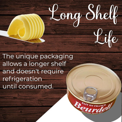 Beurdell Canned French Butter �M?100% Natural Salted Pasteurized Real Butter | Long Shelf Life Emergency Survival Food | Great for Cooking, Baking, RV & Camping | Pull Top Lid | Pack of 24 | France