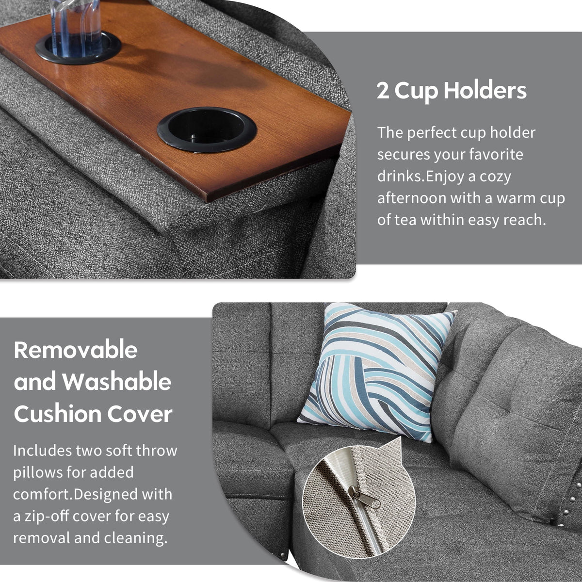 Aukfa 3 Piece Sectional Sofa, Living Room Couch with Storage Ottoman&Cup Holder, Linen, Right Hand, Purple