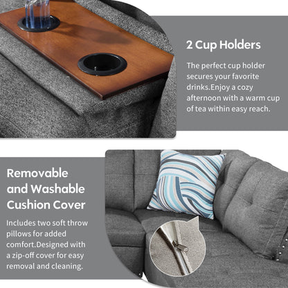 Aukfa 3 Piece Sectional Sofa, Living Room Couch with Storage Ottoman&Cup Holder, Linen, Right Hand, Purple