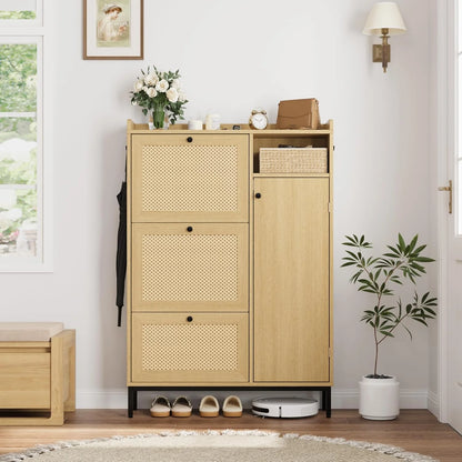 Garvee Rattan Shoe Storage Cabinet with Doors and 3 Flip Drawers, Freestanding Organizer with Adjustable Shelves for Entryway, Narrow Shoe Rack Cabinet for Hallway, Easy Assembly, Oak Color