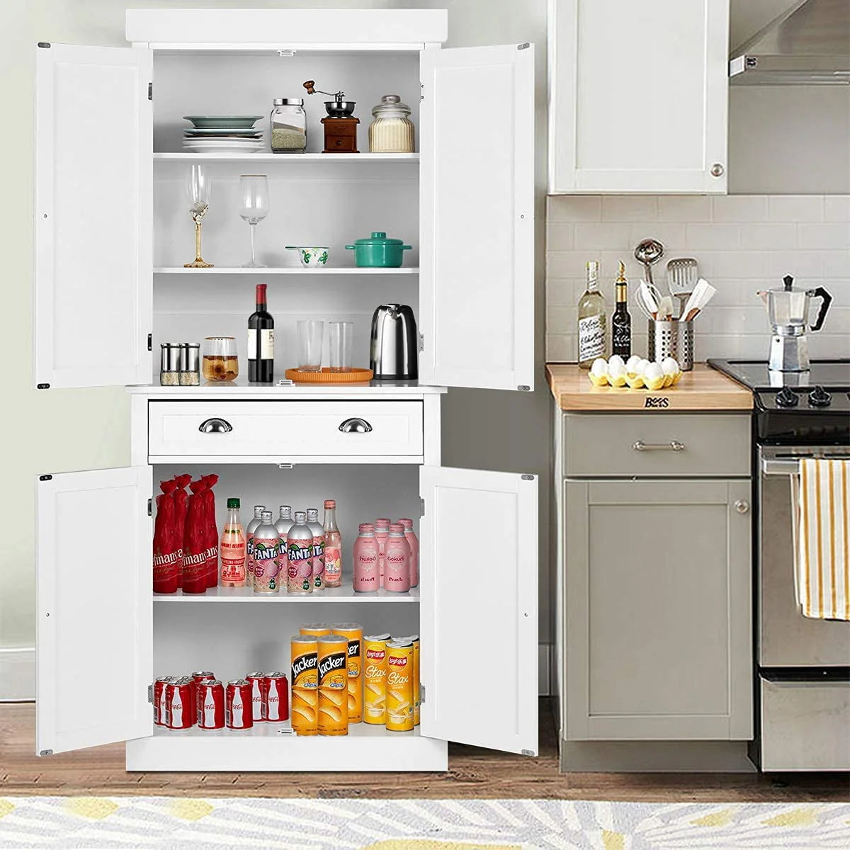Yoleny Kitchen Pantry, 72” Freestanding Storage Cabinets with Doors and Shelves, Elegant Colonial Design Cabinet Cupboard, White