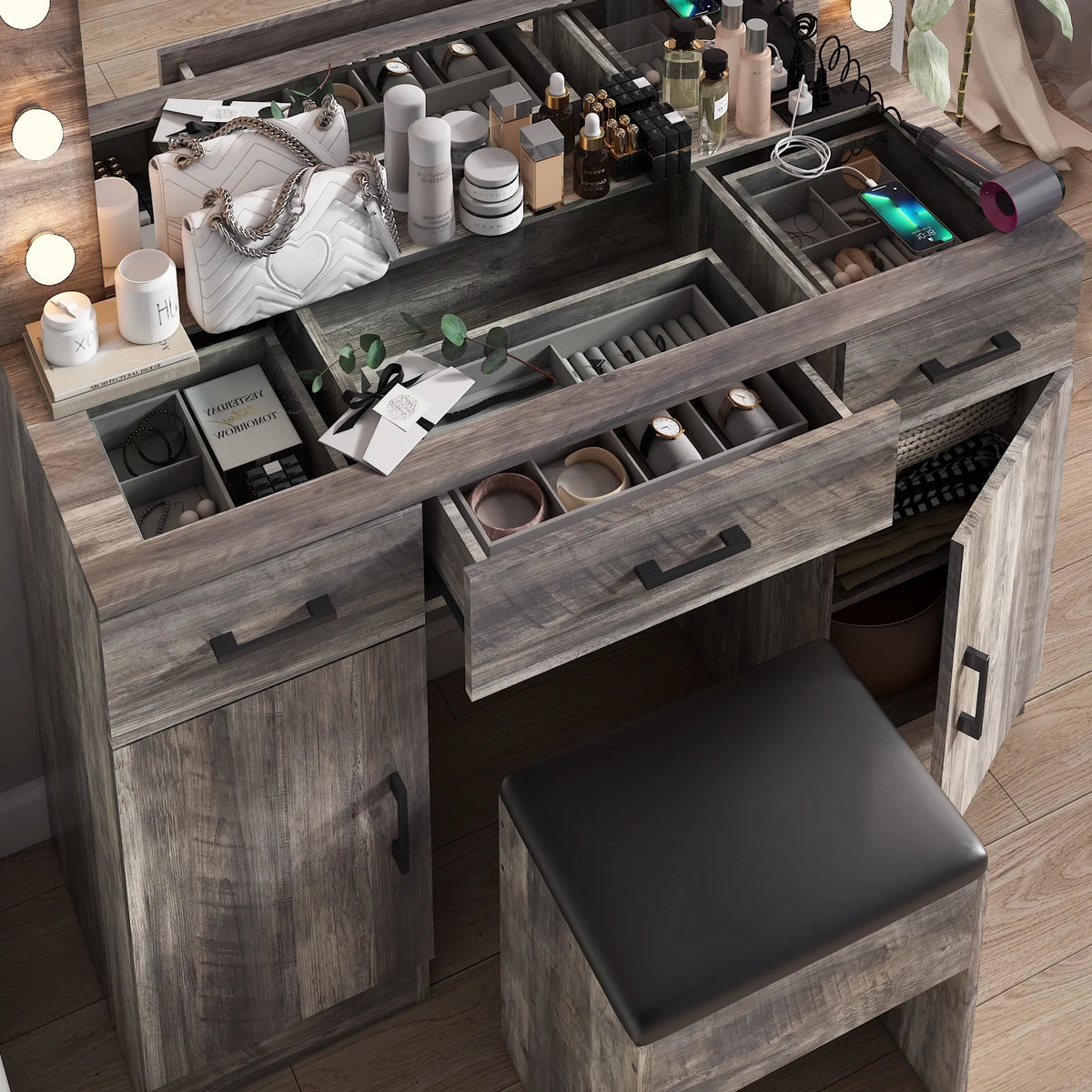Ktaxon Large Makeup Vanity, Vanity Table Set w/ Visible Glass Top w/ Charging Station, White