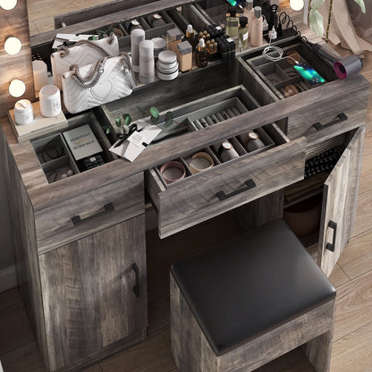 Ktaxon Large Makeup Vanity, Vanity Table Set w/ Visible Glass Top w/ Charging Station, White