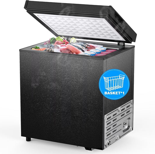Crzoe 1.8 Cu.Ft Chest Freezer with Removable Basket and Bottom Defrost Water Drain Freestanding Mini Freezer with Adjustable 7 Thermostat for Home/Apartment, Black
