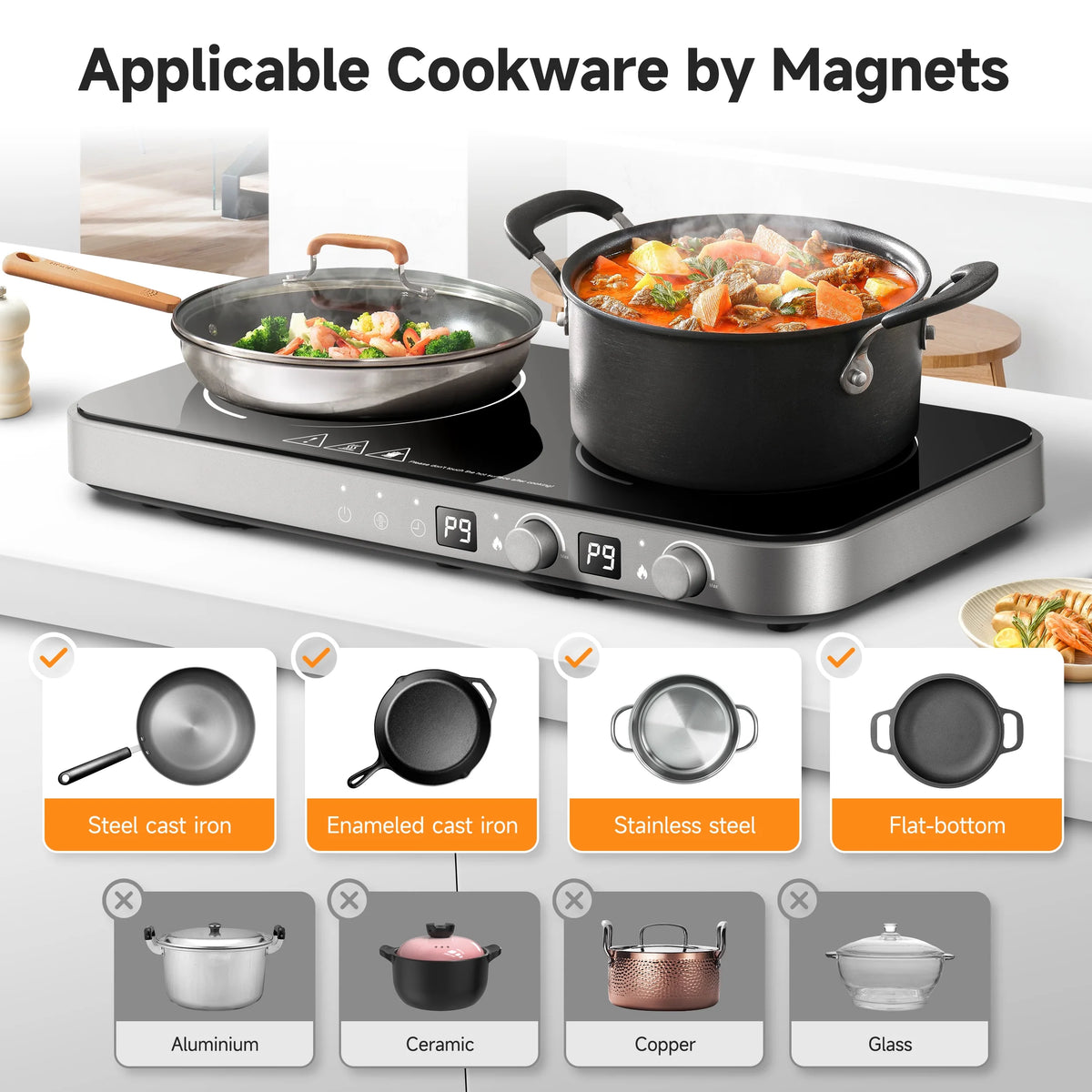 Sunmaki Portable Double Induction Cooktop with Removable Griddle Pan Non-stick, 1800W 2 burner Induction Hot Plate With Sensor Touch 9 Power Levels, 99 Min Timer,Great for Family Party