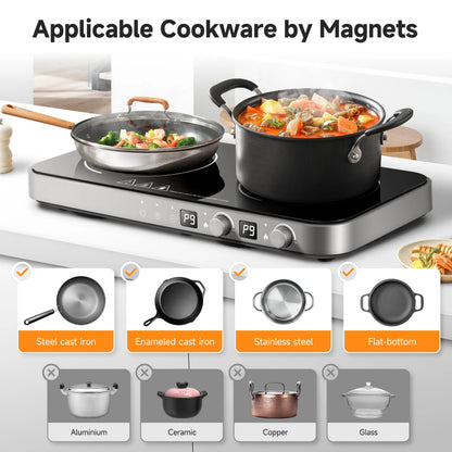 Sunmaki Portable Double Induction Cooktop with Removable Griddle Pan Non-stick, 1800W 2 burner Induction Hot Plate With Sensor Touch 9 Power Levels, 99 Min Timer,Great for Family Party