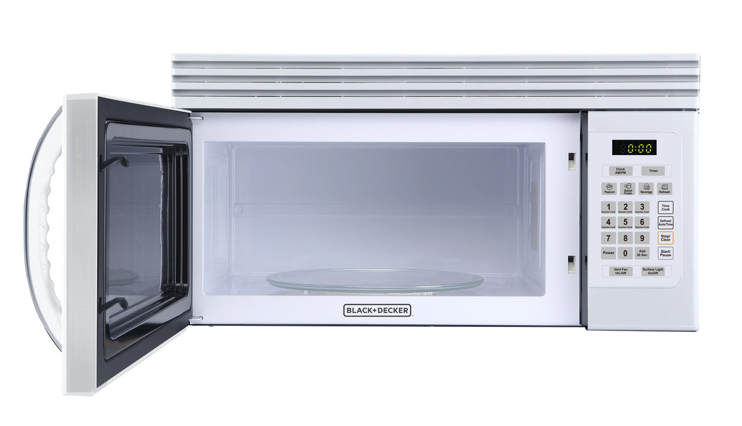 Black+Decker EM044KJNP10A 1.6-Cu. Ft. Over-the-Range Microwave with Top Mount Air Recirculation Vent, White