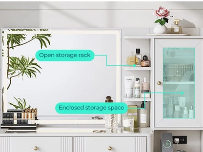 Linsy Home Large 47.2" Makeup Vanity With Mirror And 11 Lights, Glass Top Vanity Desk with 9 Drawers & 2 Adjustable Cabinets, Dressing Table with Charging Station & Hair Dryer Rack For Bedroom, White