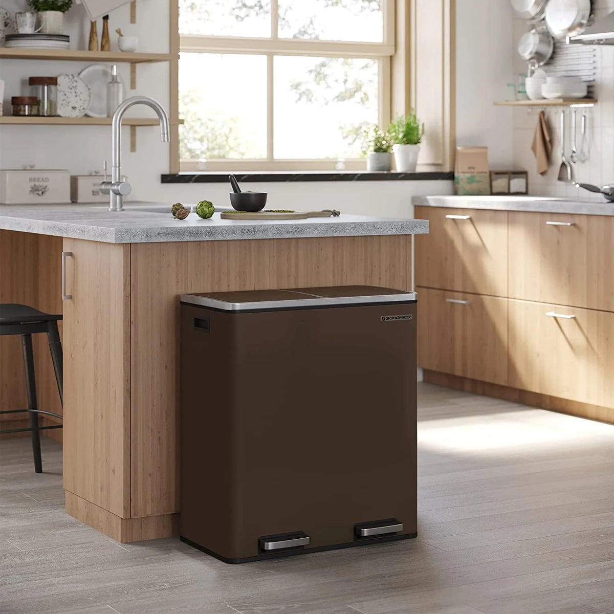 16 Gallon Dual Trash Can, Rubbish Bin and 15 Trash Bags, Metal, Almond Color