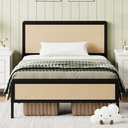4 EVER WINNER Queen Size Bed Frame, Rattan Bed Frame with Natural Rattan Headboard and Footboard, No Box Spring Needed, Black