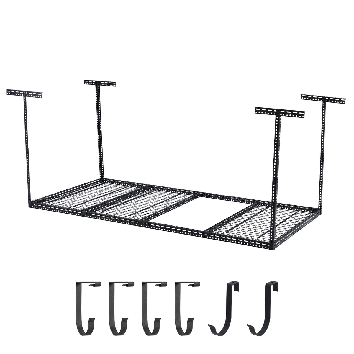 Overhead Garage Storage Rack - Heavy Duty 300kg Capacity, Adjustable 56-100cm Height, 180x120cm Black Steel Shelving with Hooks for Garage Organization