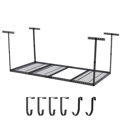 Overhead Garage Storage Rack - Heavy Duty 300kg Capacity, Adjustable 56-100cm Height, 180x120cm Black Steel Shelving with Hooks for Garage Organization