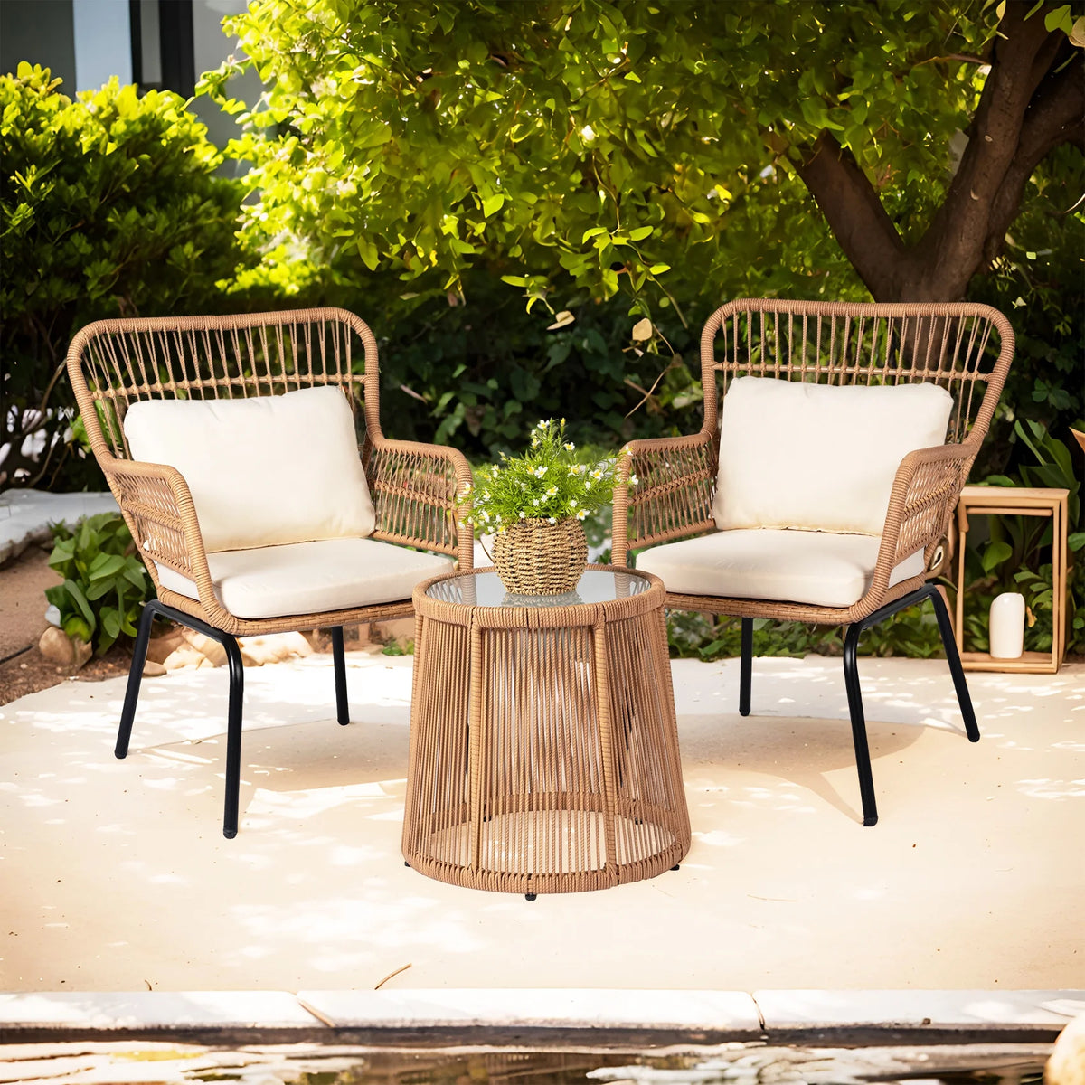 Tappio 3-Piece Patio Conversation Bistro Set Rattan Furniture, Outdoor Patio Set w/Glass Top Table & Cushions for Garden Balcony Backyard Poolside, Yellow/Beige