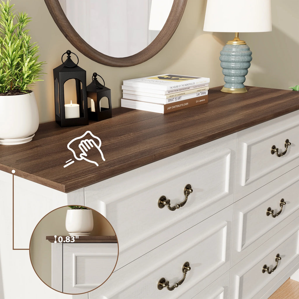 LainTene Dresser for Bedroom, Farmhouse White Dresser with Antique Handles, Vintage 6 Drawers Dresser, Chest of Drawers Storage Cabinet for Living Room, Entryway