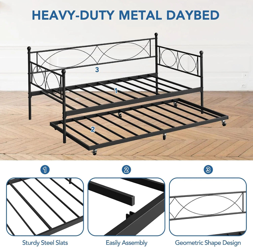 Senfot Twin Daybed with Trundle, Pull Out Trundle Day Bed, Twin Mattress Foundation with Metal Slats, Modern Sofa Bed for Living Room, Bedroom, and Guest Room, Black