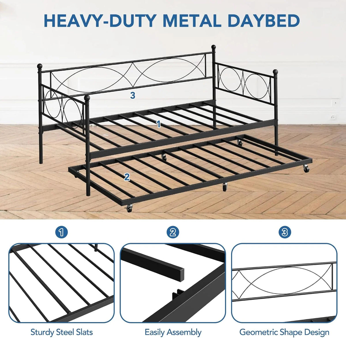 Senfot Twin Daybed with Trundle, Pull Out Trundle Day Bed, Twin Mattress Foundation with Metal Slats, Modern Sofa Bed for Living Room, Bedroom, and Guest Room, Black