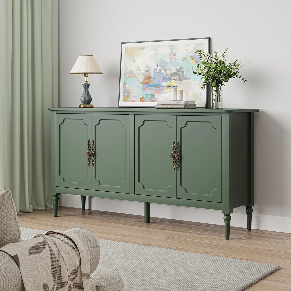 May in Color Console Cabinet, 58'' Wood Sideboard Buffet Cabinet with Storage & 4 Doors, Mid Century Modern Pantry Cabinet for Entryway, Living Room, Bedroom, Dining Room, Green